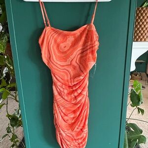 Privy Orange Marble Print Glitter Bodycon Dress Cowl Neck Sparkle